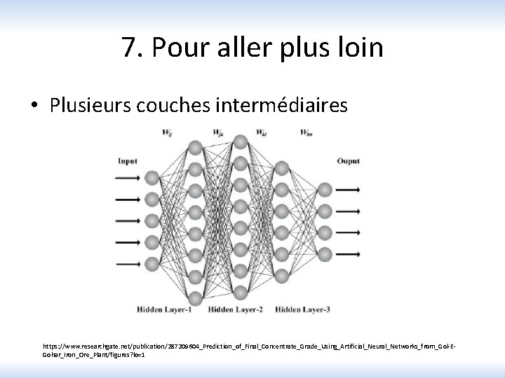 7. Pour aller plus loin • Plusieurs couches intermédiaires https: //www. researchgate. net/publication/287209604_Prediction_of_Final_Concentrate_Grade_Using_Artificial_Neural_Networks_from_Gol-EGohar_Iron_Ore_Plant/figures? lo=1