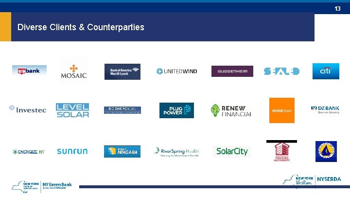 13 Diverse Clients & Counterparties 13 Diverse Clients & Counterparties