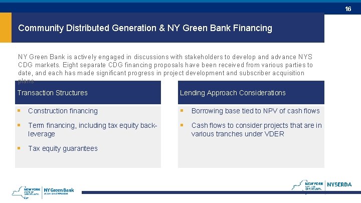 16 Community Distributed Generation & NY Green Bank Financing NY Green Bank is actively 16 Community Distributed Generation & NY Green Bank Financing NY Green Bank is actively