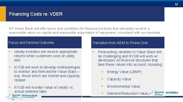 17 Financing Costs re: VDER NY Green Bank will offer terms and conditions for 17 Financing Costs re: VDER NY Green Bank will offer terms and conditions for