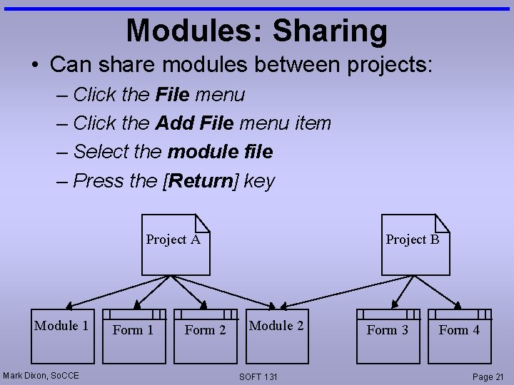 Modules: Sharing • Can share modules between projects: – Click the File menu –