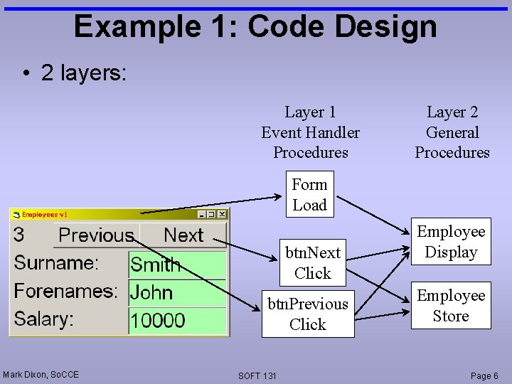 Example 1: Code Design • 2 layers: Layer 1 Event Handler Procedures Layer 2