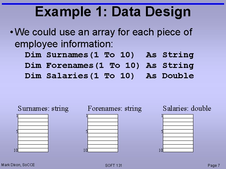 Example 1: Data Design • We could use an array for each piece of