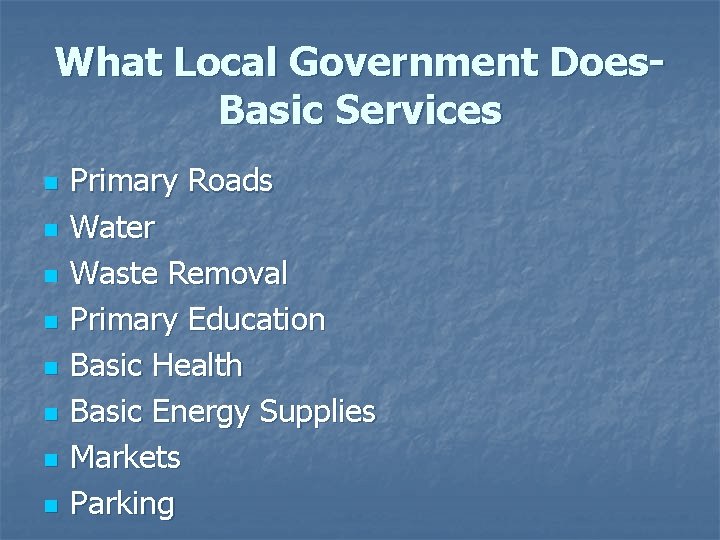 What Local Government Does. Basic Services n n n n Primary Roads Water Waste