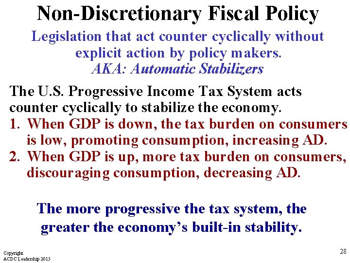 Non-Discretionary Fiscal Policy Legislation that act counter cyclically without explicit action by policy makers.
