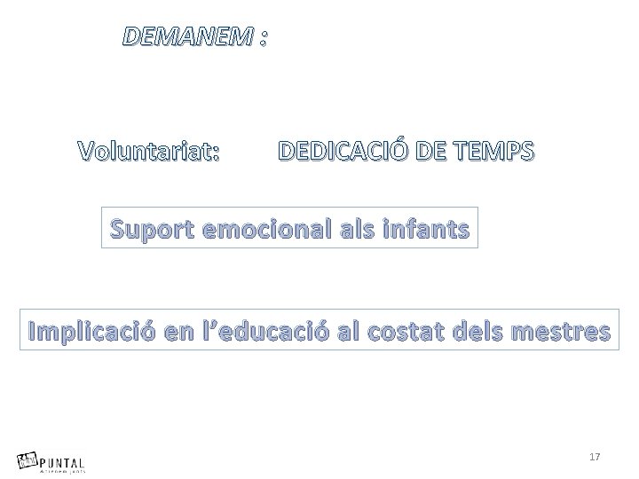 DEMANEM : Voluntariat: DEDICACIÓ DE TEMPS Suport emocional als infants Implicació en l’educació al