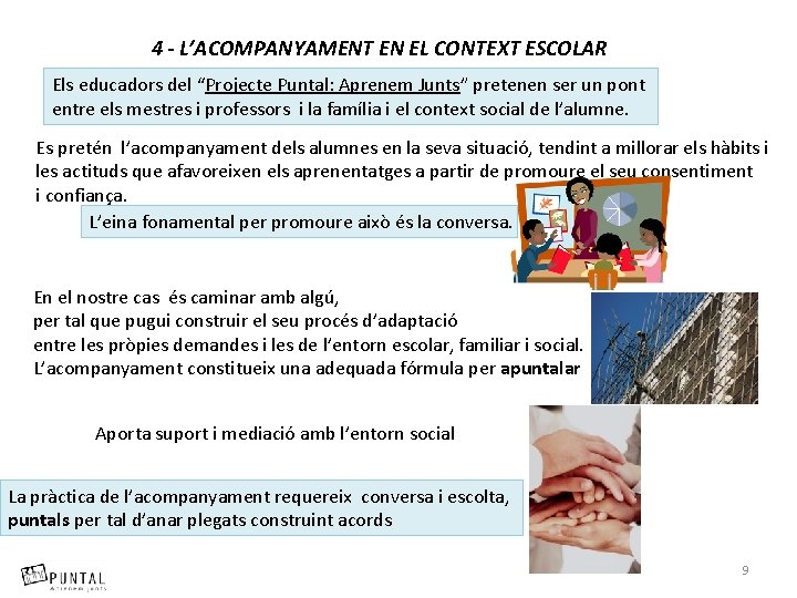 4 - L’ACOMPANYAMENT EN EL CONTEXT ESCOLAR Els educadors del “Projecte Puntal: Aprenem Junts”