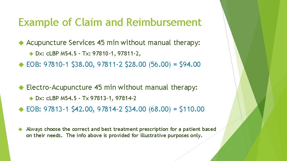 Example of Claim and Reimbursement Acupuncture Services 45 min without manual therapy: Dx: c.