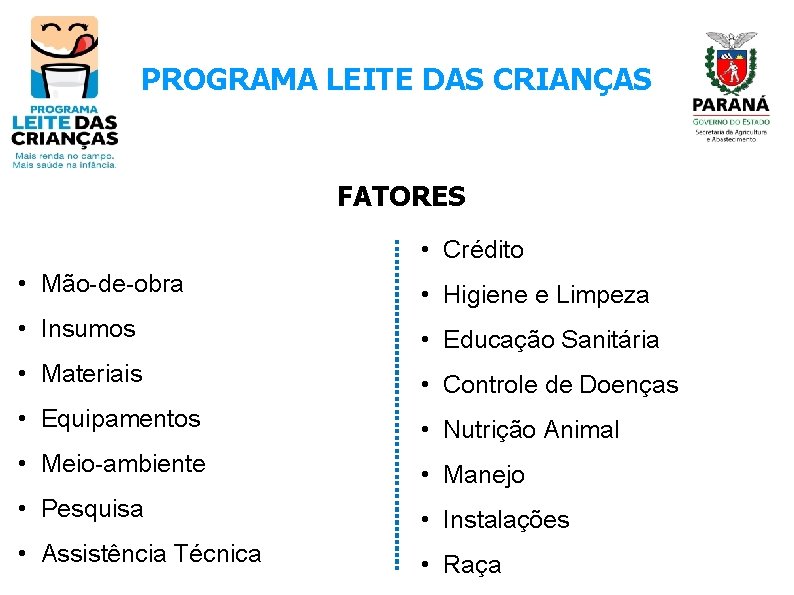 PROGRAMA LEITE DAS CRIANÇAS FATORES • Crédito • Mão-de-obra • Higiene e Limpeza •