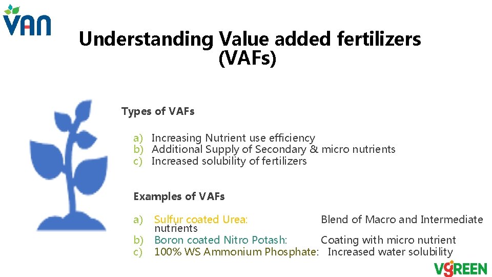 Understanding Value added fertilizers (VAFs) Types of VAFs a) Increasing Nutrient use efficiency b) Understanding Value added fertilizers (VAFs) Types of VAFs a) Increasing Nutrient use efficiency b)