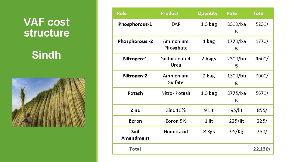 VAF cost structure Sindh Role Product Quantity Rate Total Phosphorous-1 DAP 1. 5 bag VAF cost structure Sindh Role Product Quantity Rate Total Phosphorous-1 DAP 1. 5 bag