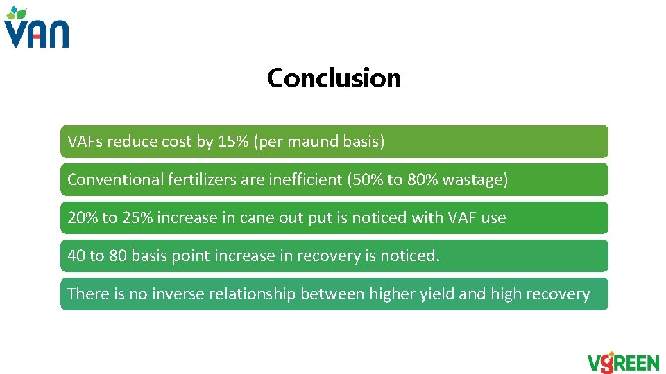 Conclusion VAFs reduce cost by 15% (per maund basis) Conventional fertilizers are inefficient (50% Conclusion VAFs reduce cost by 15% (per maund basis) Conventional fertilizers are inefficient (50%