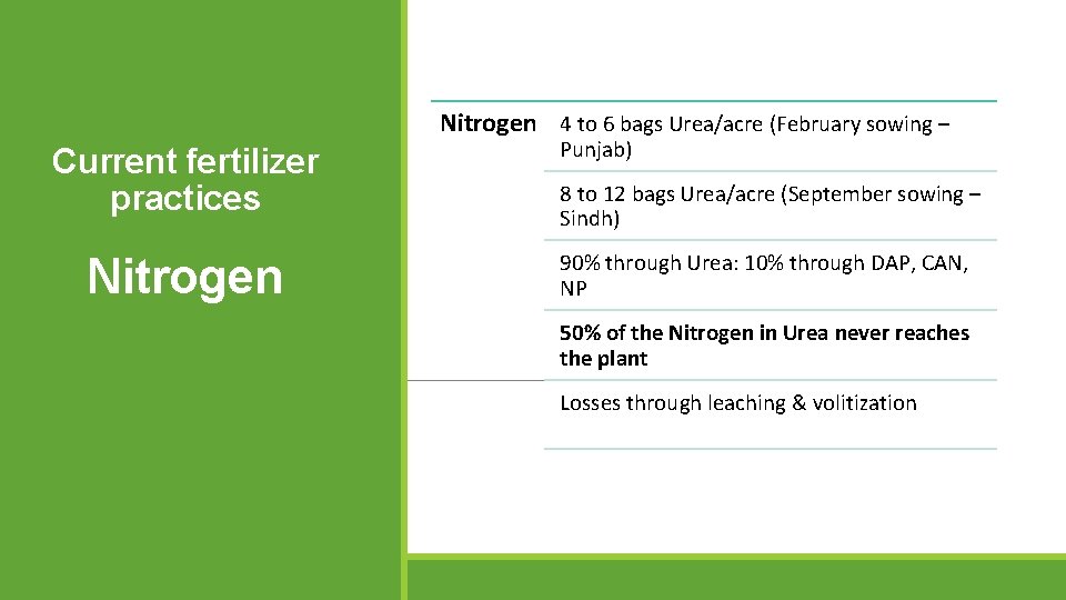 Nitrogen 4 to 6 bags Urea/acre (February sowing – Current fertilizer practices Nitrogen Punjab) Nitrogen 4 to 6 bags Urea/acre (February sowing – Current fertilizer practices Nitrogen Punjab)
