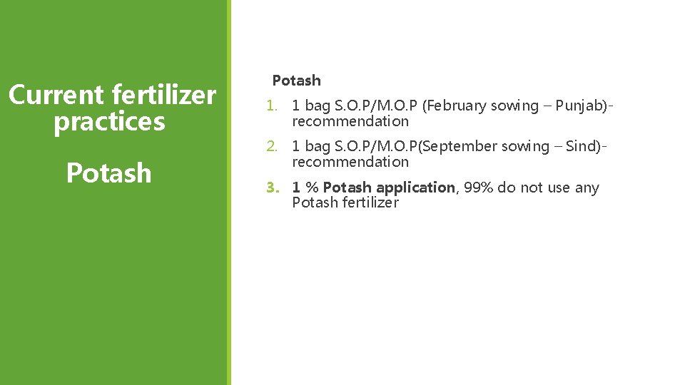 Current fertilizer practices Potash 1. 1 bag S. O. P/M. O. P (February sowing Current fertilizer practices Potash 1. 1 bag S. O. P/M. O. P (February sowing