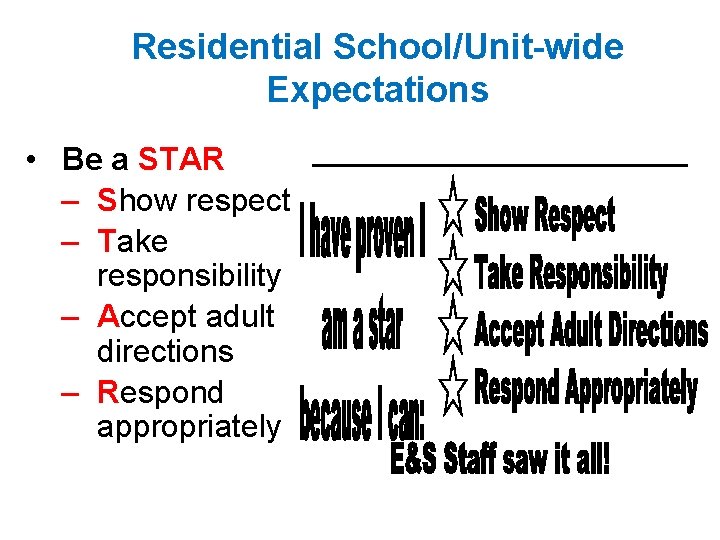 Residential School/Unit-wide Expectations • Be a STAR – Show respect – Take responsibility –