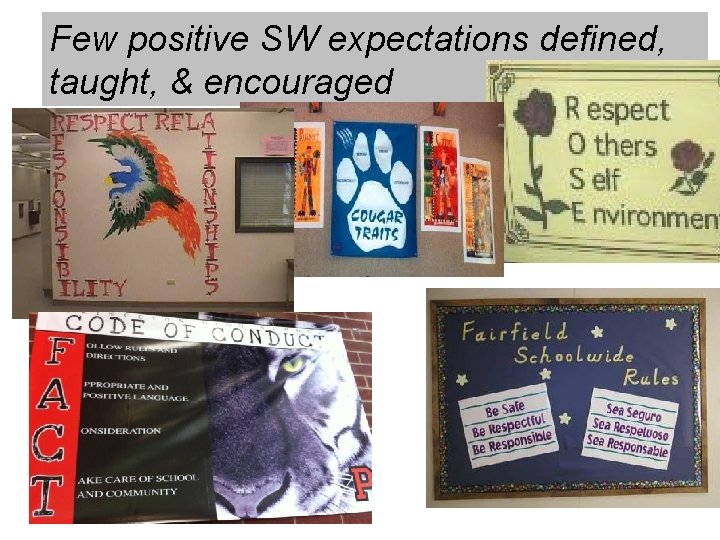 Few positive SW expectations defined, taught, & encouraged Examples of Expectations 