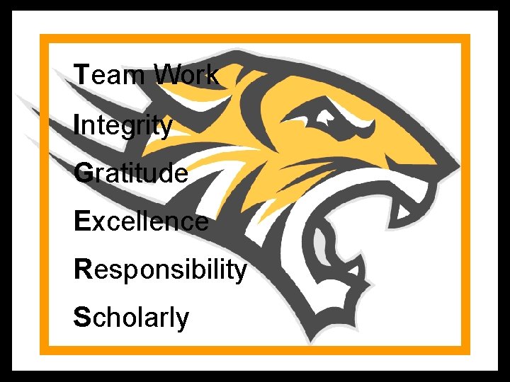 Team Work Tiger Example Integrity Gratitude Excellence Responsibility Scholarly 