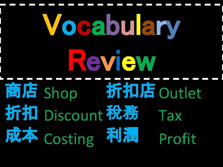 Vocabulary Review 商店 Shop 折扣店 Outlet 折扣 Discount 稅務 Tax 成本 Costing 利潤 Profit