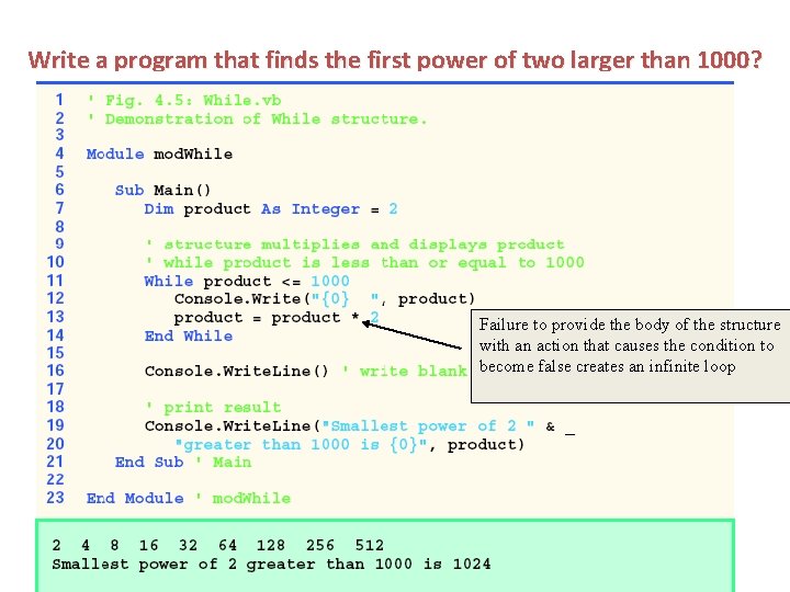 Write a program that finds the first power of two larger than 1000? Failure