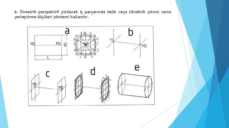 6 - Dimetrik perspektifi çizilecek iş parçasında delik veya silindirik çıkıntı varsa yerleştirme ölçüleri