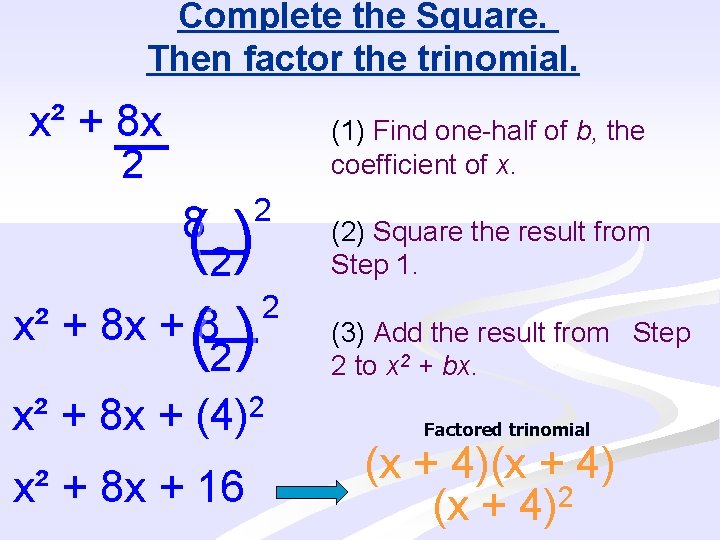 Complete the Square. Then factor the trinomial. x² + 8 x (1) Find one-half