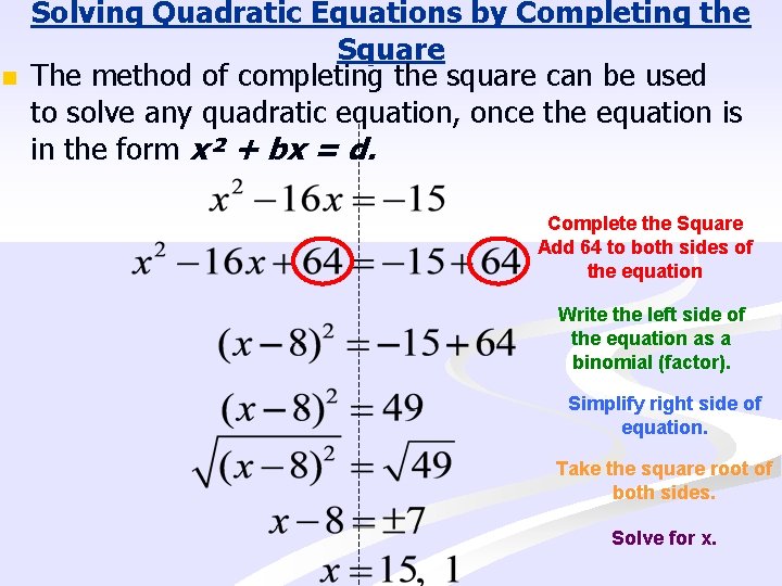 n Solving Quadratic Equations by Completing the Square The method of completing the square