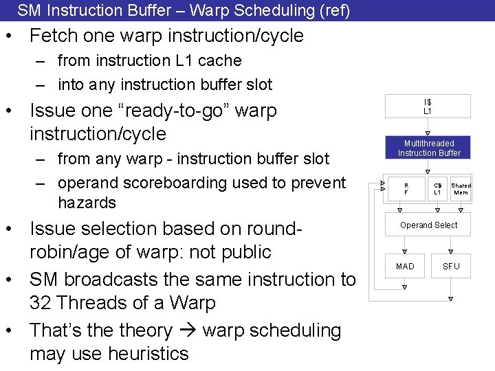 SM Instruction Buffer – Warp Scheduling (ref) • Fetch one warp instruction/cycle – from