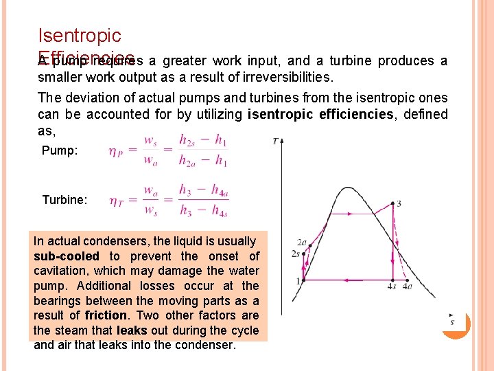 Isentropic Efficiencies A pump requires a greater work input, and a turbine produces a