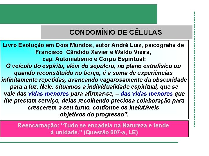 CONDOMÍNIO DE CÉLULAS Livro Evolução em Dois Mundos, autor André Luiz, psicografia de Francisco