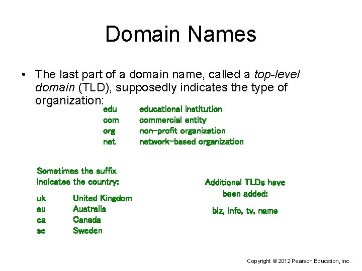 Domain Names • The last part of a domain name, called a top-level domain