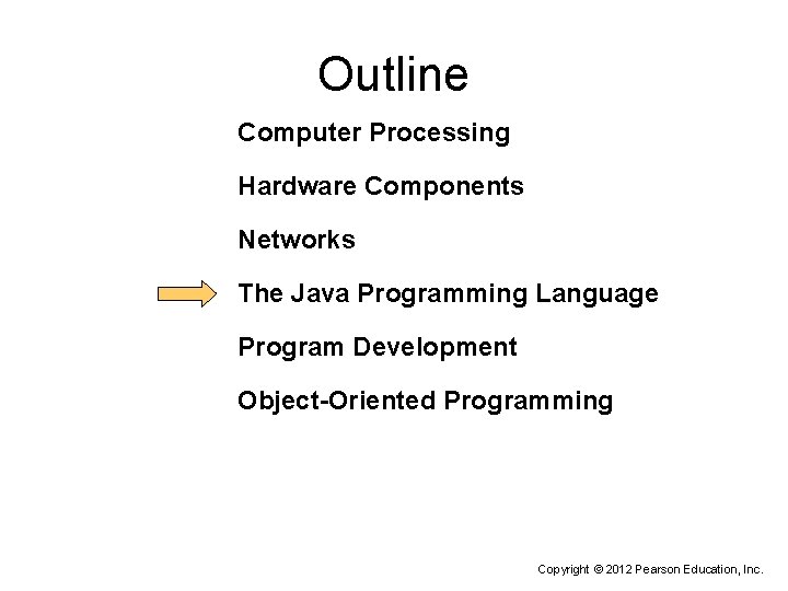 Outline Computer Processing Hardware Components Networks The Java Programming Language Program Development Object-Oriented Programming