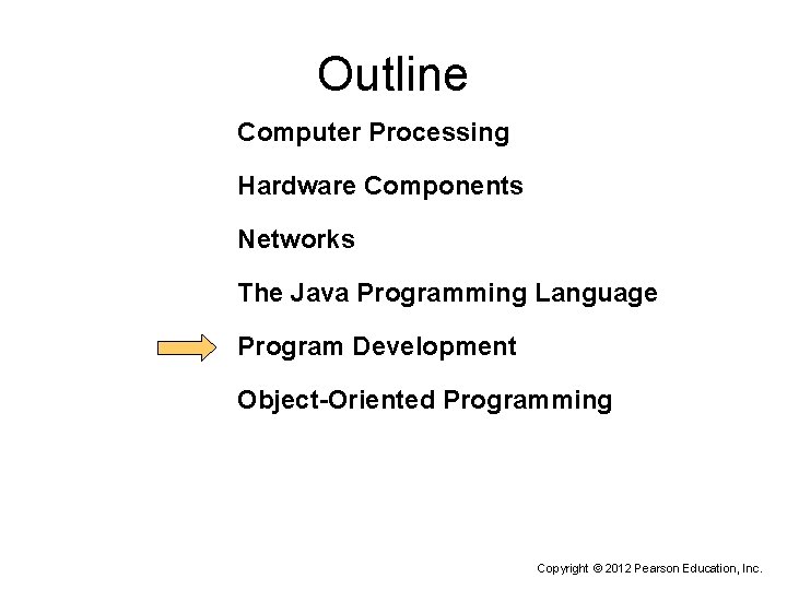 Outline Computer Processing Hardware Components Networks The Java Programming Language Program Development Object-Oriented Programming