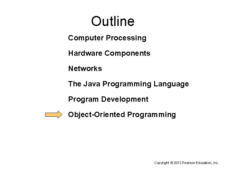 Outline Computer Processing Hardware Components Networks The Java Programming Language Program Development Object-Oriented Programming