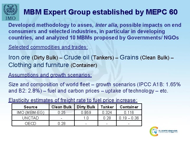 MBM Expert Group established by MEPC 60 Developed methodology to asses, inter alia, possible