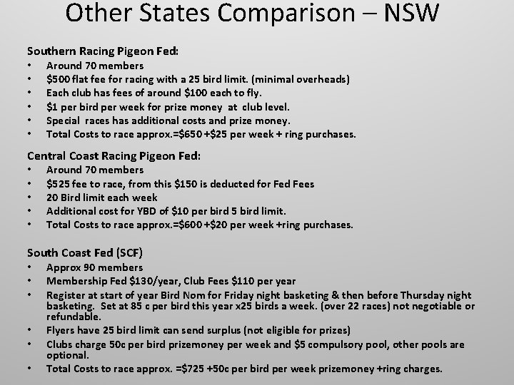 Other States Comparison – NSW Southern Racing Pigeon Fed: • • • Around 70 Other States Comparison – NSW Southern Racing Pigeon Fed: • • • Around 70