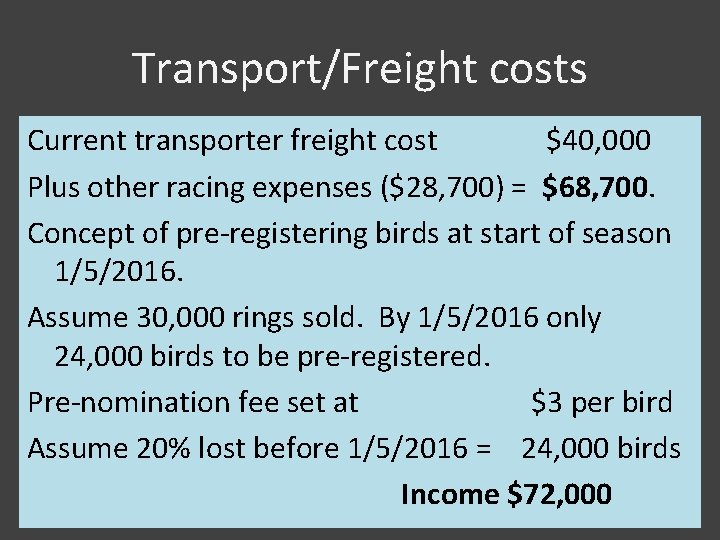 Transport/Freight costs Current transporter freight cost $40, 000 Plus other racing expenses ($28, 700) Transport/Freight costs Current transporter freight cost $40, 000 Plus other racing expenses ($28, 700)