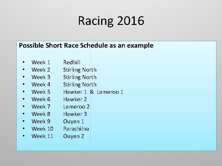 Racing 2016 Possible Short Race Schedule as an example • • • Week 1 Racing 2016 Possible Short Race Schedule as an example • • • Week 1