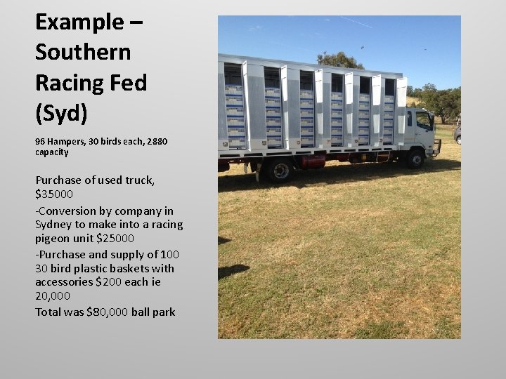 Example – Southern Racing Fed (Syd) 96 Hampers, 30 birds each, 2880 capacity Purchase Example – Southern Racing Fed (Syd) 96 Hampers, 30 birds each, 2880 capacity Purchase