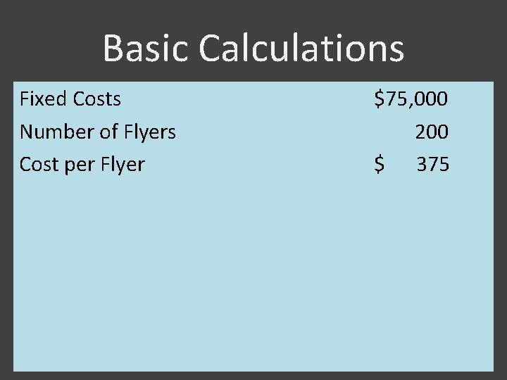Basic Calculations Fixed Costs Number of Flyers Cost per Flyer $75, 000 200 $ Basic Calculations Fixed Costs Number of Flyers Cost per Flyer $75, 000 200 $