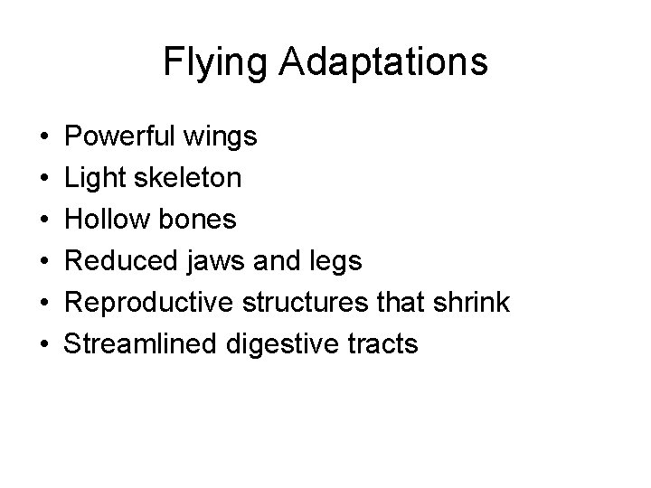 Flying Adaptations • • • Powerful wings Light skeleton Hollow bones Reduced jaws and