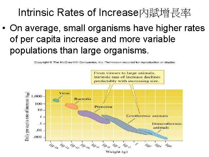 Intrinsic Rates of Increase內賦增長率 • On average, small organisms have higher rates of per