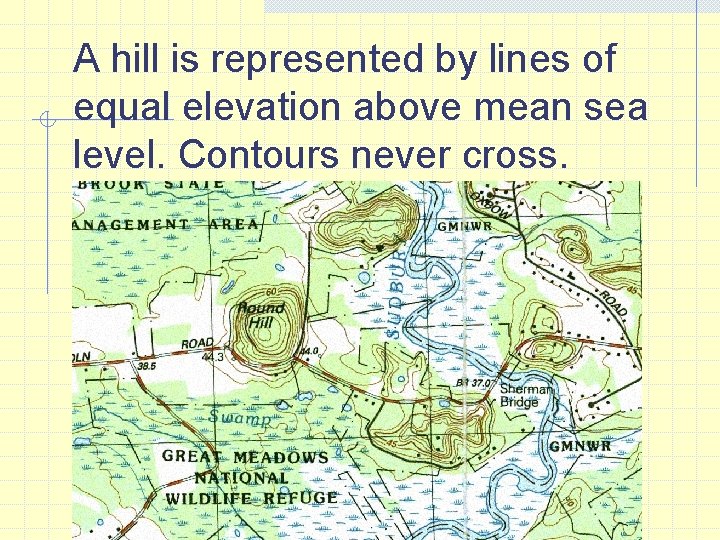 A hill is represented by lines of equal elevation above mean sea level. Contours