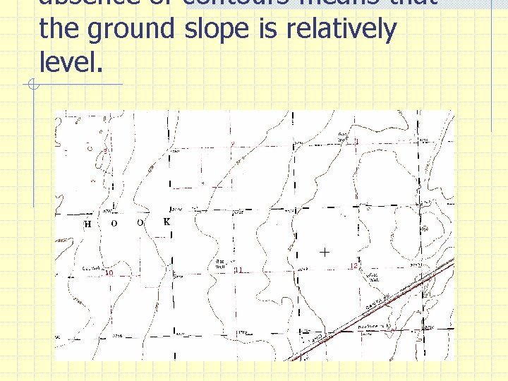 absence of contours means that the ground slope is relatively level. 