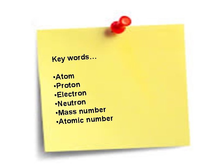 Key words… • Atom • Proton • Electron • Neutron • Mass number •