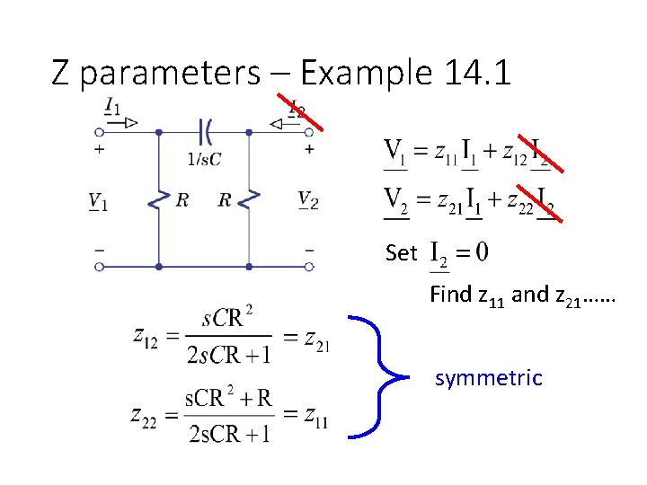 Z parameters – Example 14. 1 Set Find z 11 and z 21…… symmetric