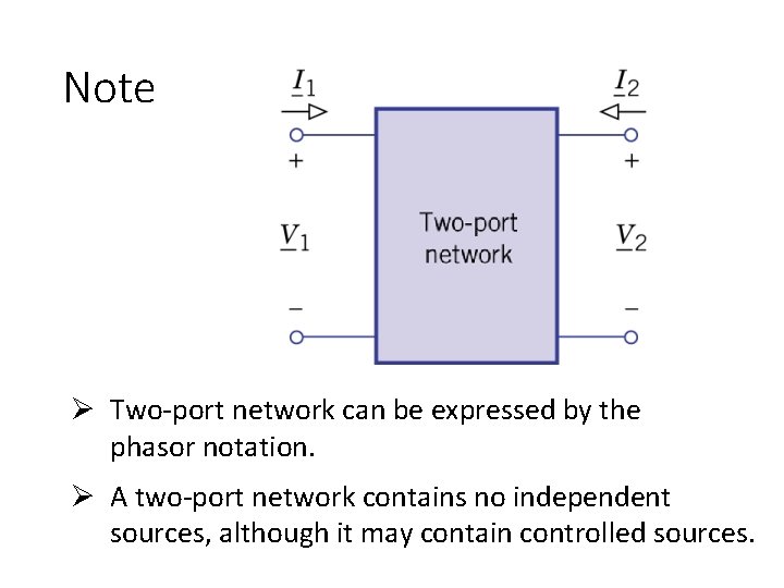 Note Ø Two-port network can be expressed by the phasor notation. Ø A two-port