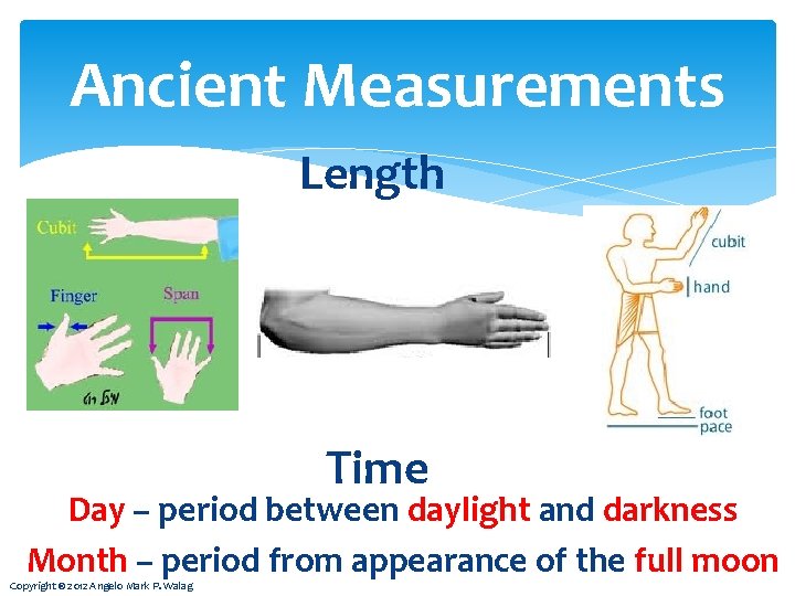 Ancient Measurements Length Time Day – period between daylight and darkness Month – period