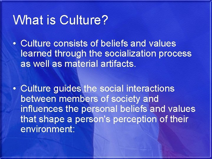 What is Culture? • Culture consists of beliefs and values learned through the socialization