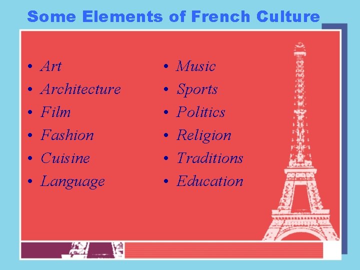 Some Elements of French Culture • • • Art Architecture Film Fashion Cuisine Language