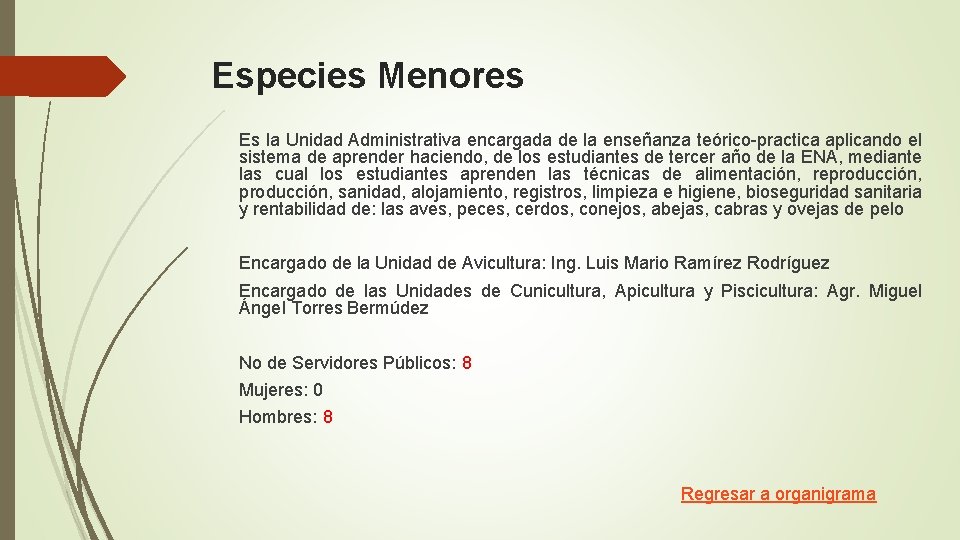 Especies Menores Es la Unidad Administrativa encargada de la enseñanza teórico-practica aplicando el sistema Especies Menores Es la Unidad Administrativa encargada de la enseñanza teórico-practica aplicando el sistema